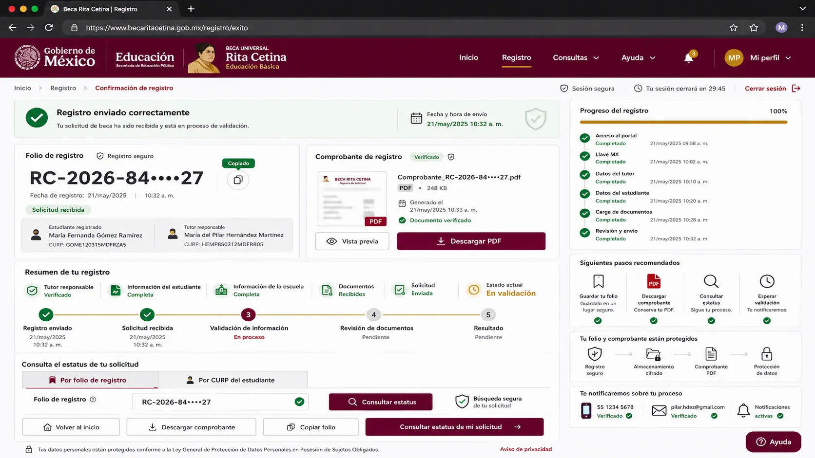 Guarda tu folio de registro y da seguimiento a tu solicitud
