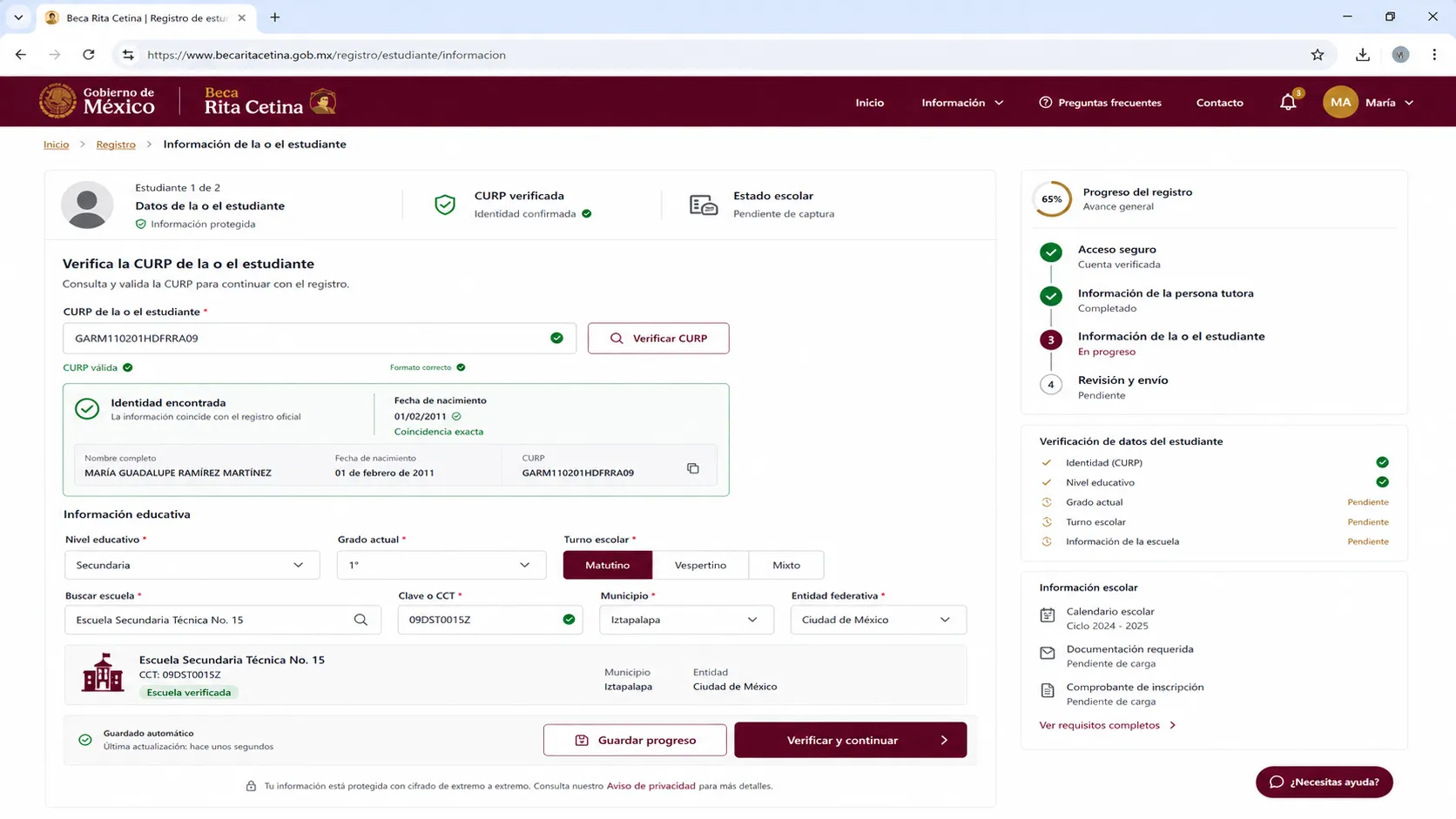 Registra la información del estudiante
